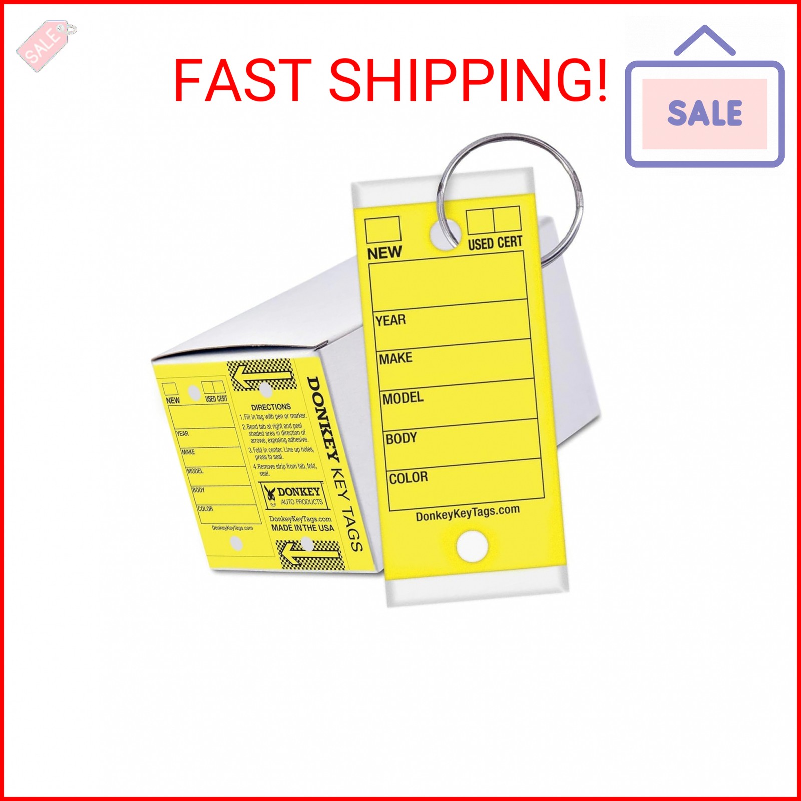 Donkey Key Tags, Laminated Self-Protecting (250 Tags Per Box with Metal Rings) (
