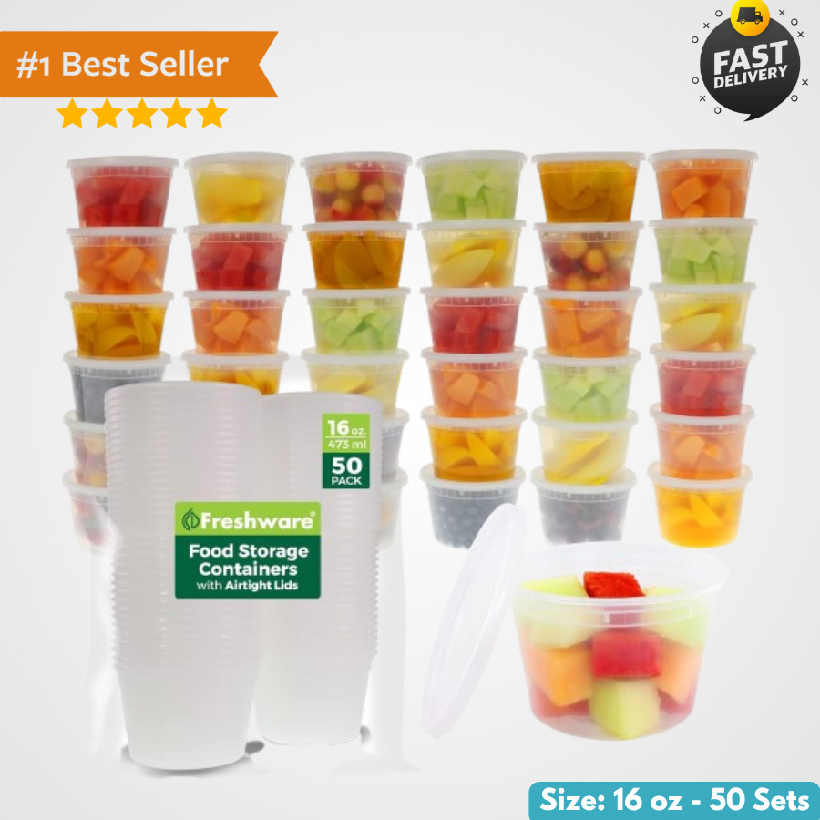 Food Storage Containers 50 Set, 16 oz Plastic Deli Containers with Lids, Slime