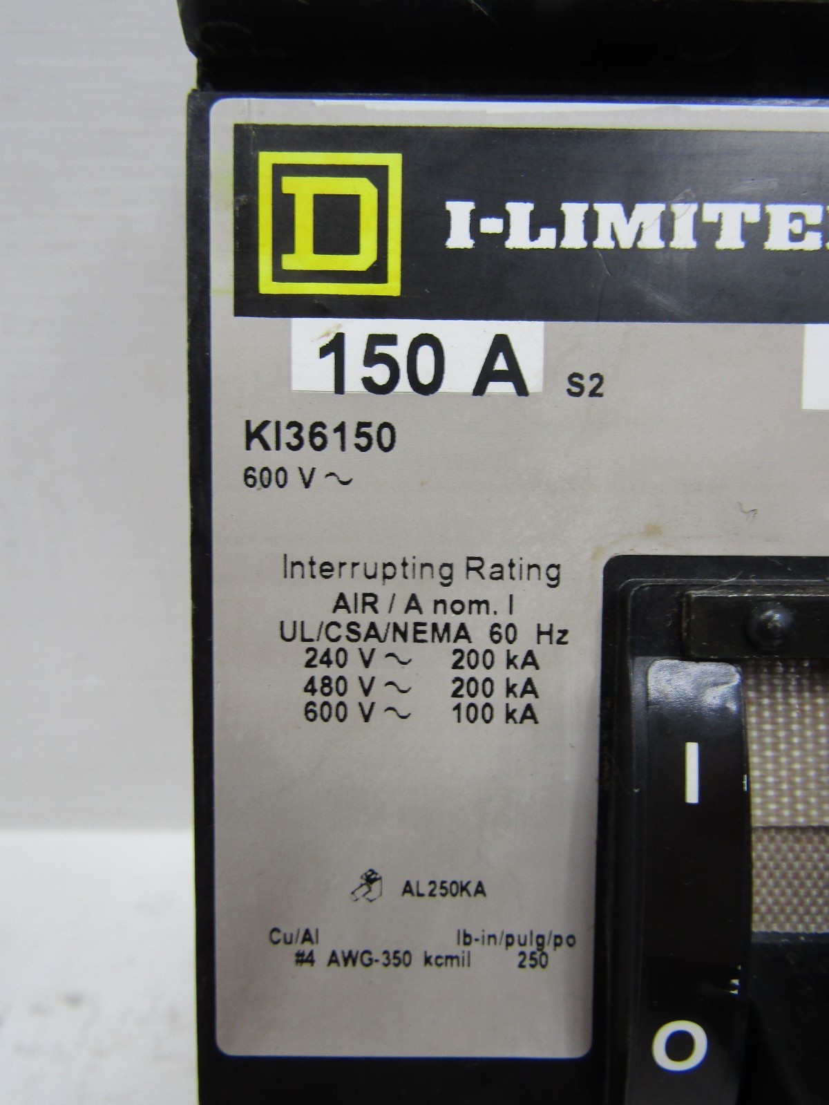 Square D KI36150 150 Amp 600V I-Limiter I-Line Circuit Breaker 150A 3-Pole