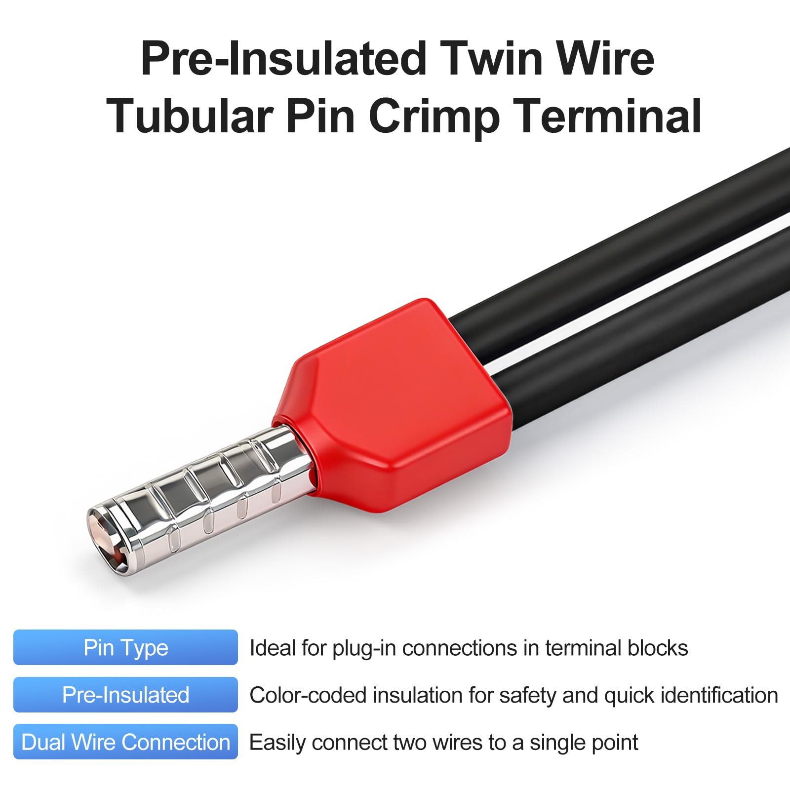 BAOMAIN 100-Pack 18 AWG Twin Wire Ferrules, Red TE1008 Dual 18 AWG,