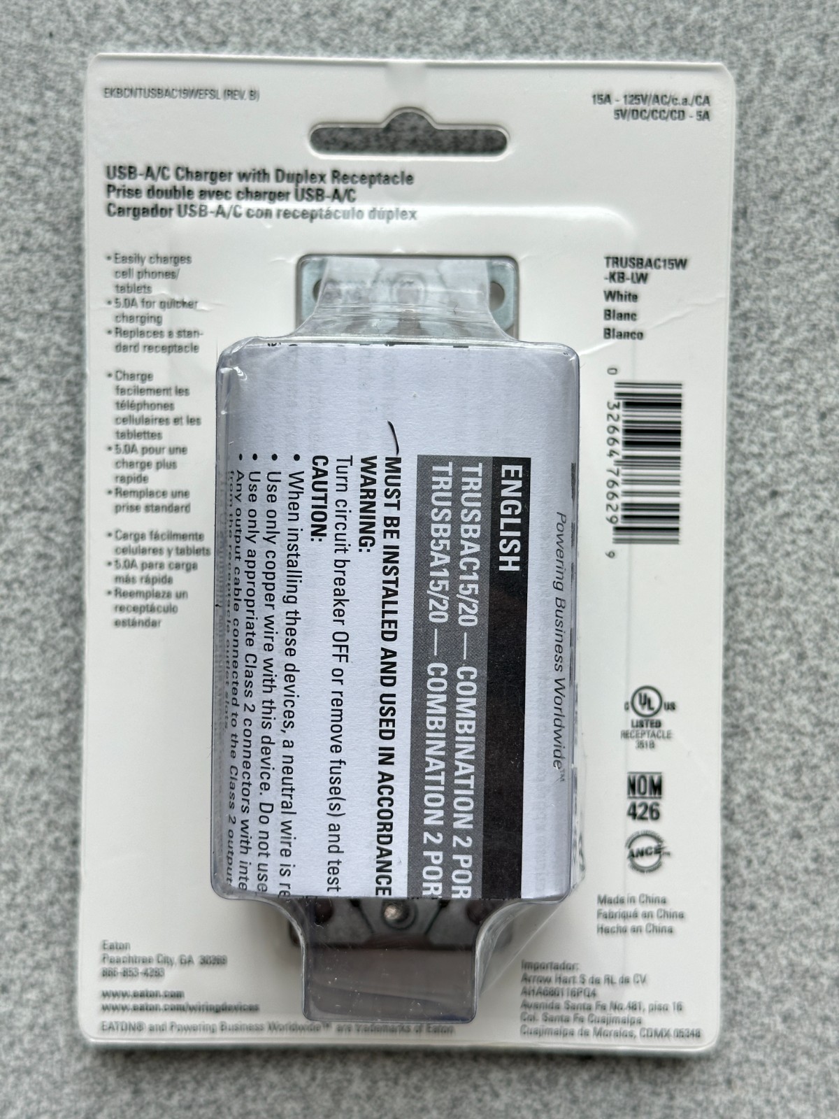 NEW Eaton Duplex Receptacle USB A & TYPE C Charger White 15A Tamper Resistant