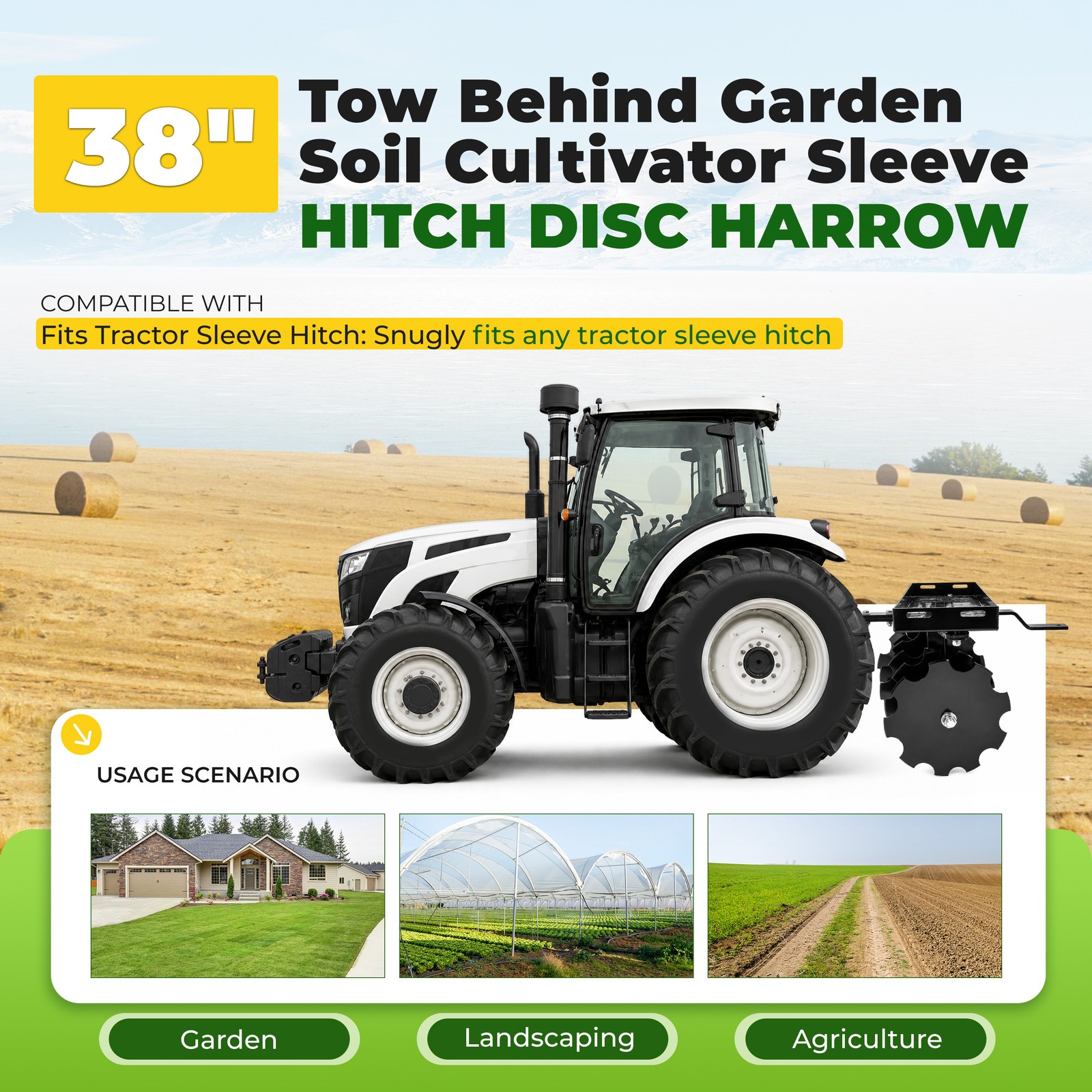 Disc Harrow 11″ Steel Tow Behind For universal Tractor Sleeve Hitch Attachment