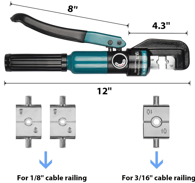 Crimpadora hidráulica con cortacables para acero inoxidable 1/8 a 3/16, Nuevo