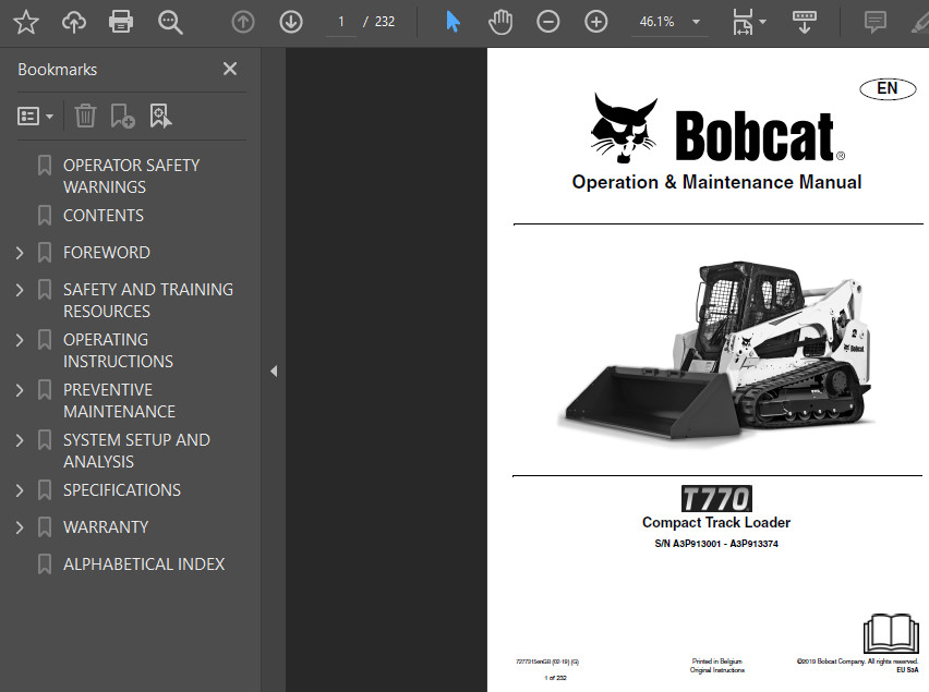 BOBCAT T770 COMPACT TRACK LOADER OPERATORS SERVICE REPAIR SHOP MANUAL PDF USB