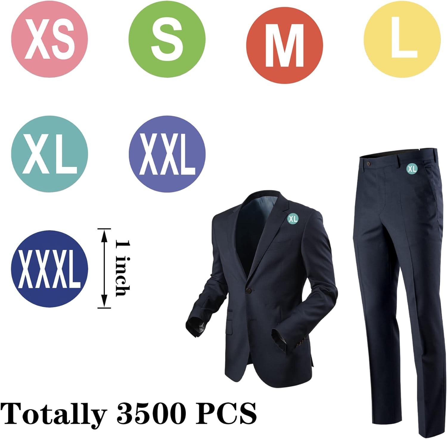 3500 PCS Clothing Size Stickers XS, S, M, L, XL, XXL, XXXL, Multi Color