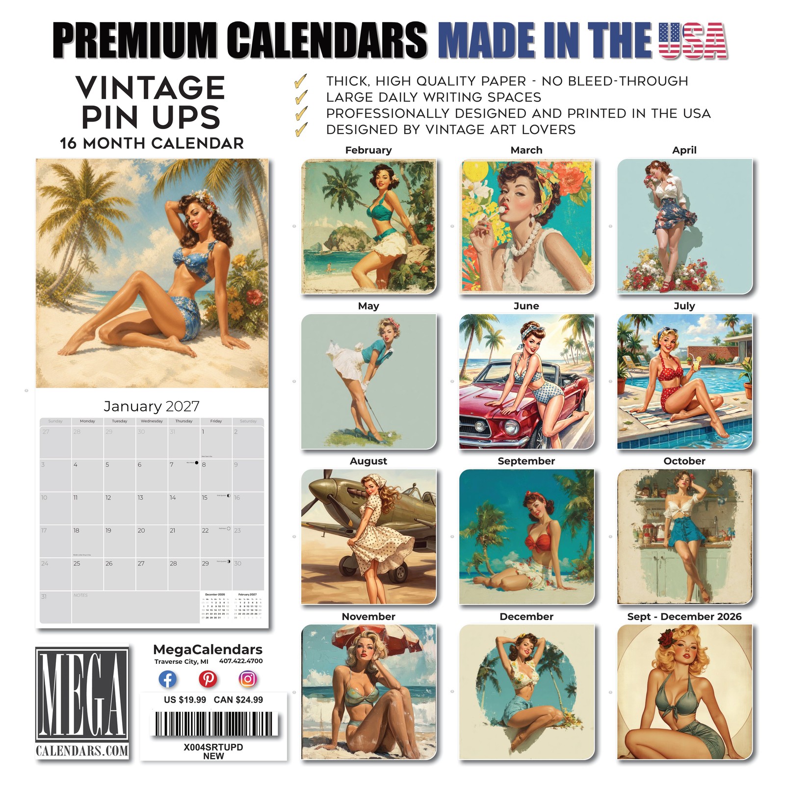 Vintage Pin Ups Wall Calendar 2026 FULL SIZE 12×24 Made in USA