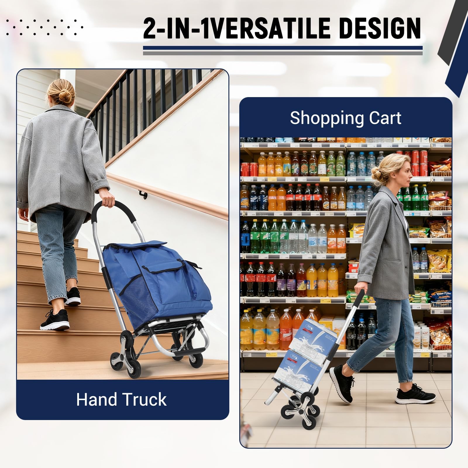 Folding Shopping Cart w/ 56L Removable Bag 150LB Stair Climbing Utility Cart