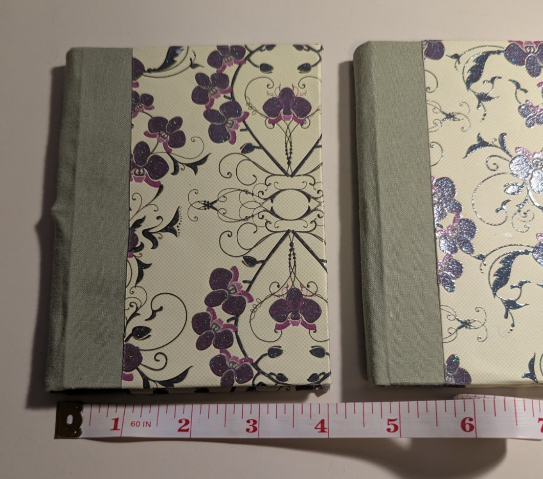 2 Handmade Green Purple Iris Shabby Skinny Journals 4.5″ by 5.5″