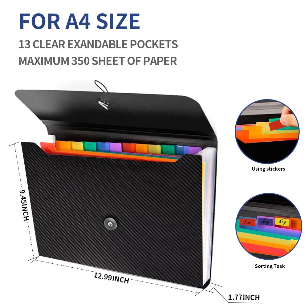 Expanding File Folder, 13 Pockets 12.99”×9.45”×1.77”, Black+multicolor