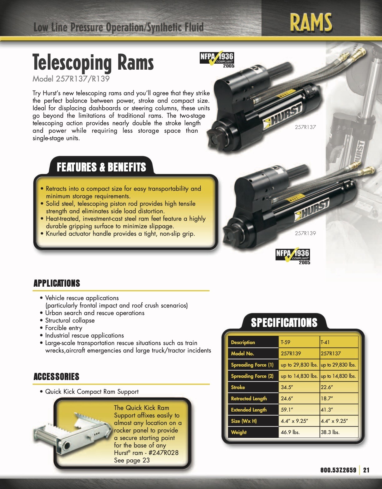 Hurst T-41 Streamline Ram 257R137 Two Stage Telescoping Fire Rescue Tool – New