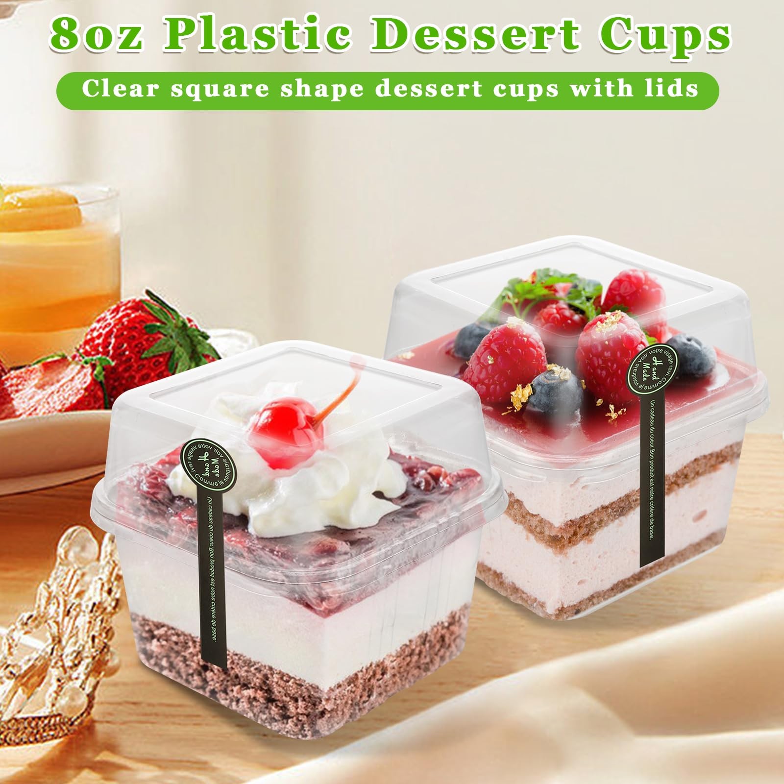 100 Pack Plastic Tiramisu Containers with Lid 8 oz Square Plastic Dessert Cup…