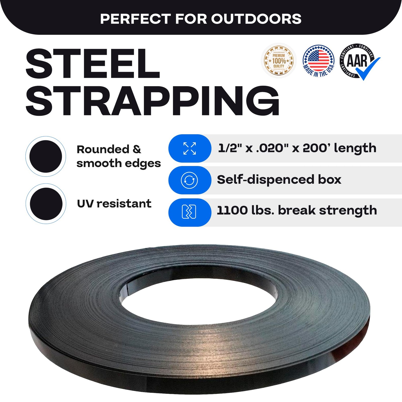 IDL Packaging 1/2″ x .020″ x 200′ Steel Strapping Coil 1/2W” x 200L’, Black