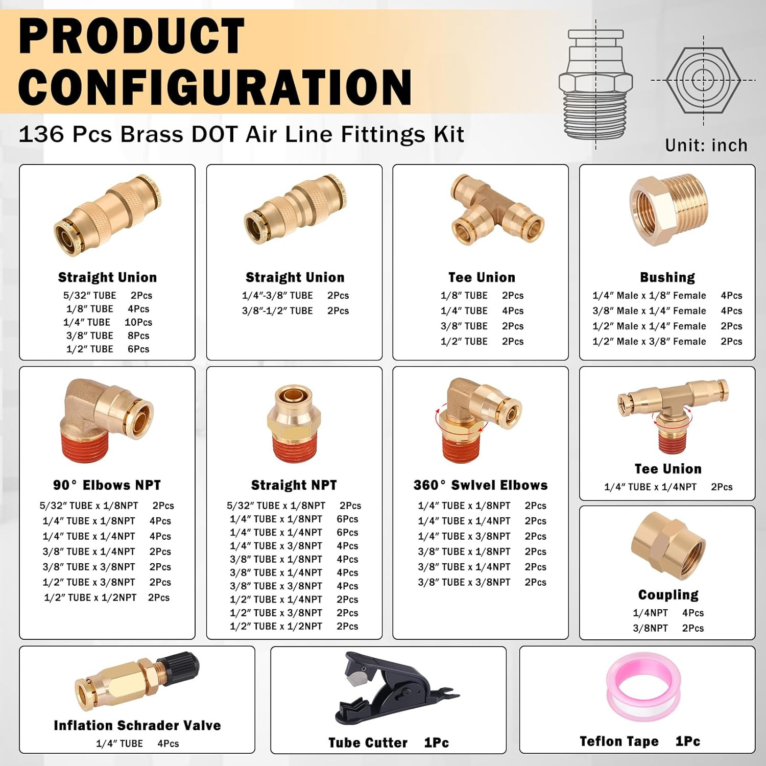 136 PCS Brass DOT Air Line Fittings Kit Push Lock DOT Air Fittings Push to Conne