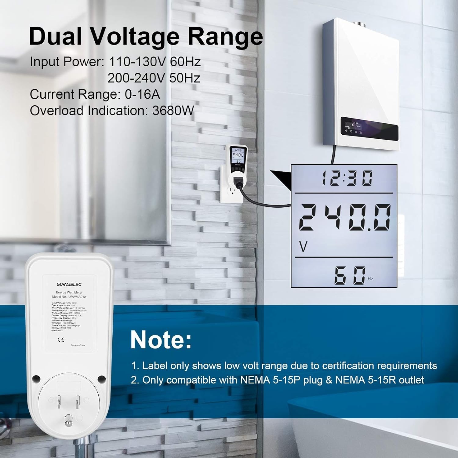 Watt Meter Plug-in Socket Power Meter Auto Cost Calculator Backlit