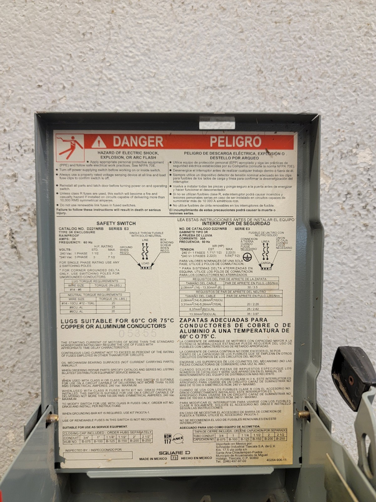 Square D D221NRB General Duty Safety Switch Series E3, 30A, 240VAC
