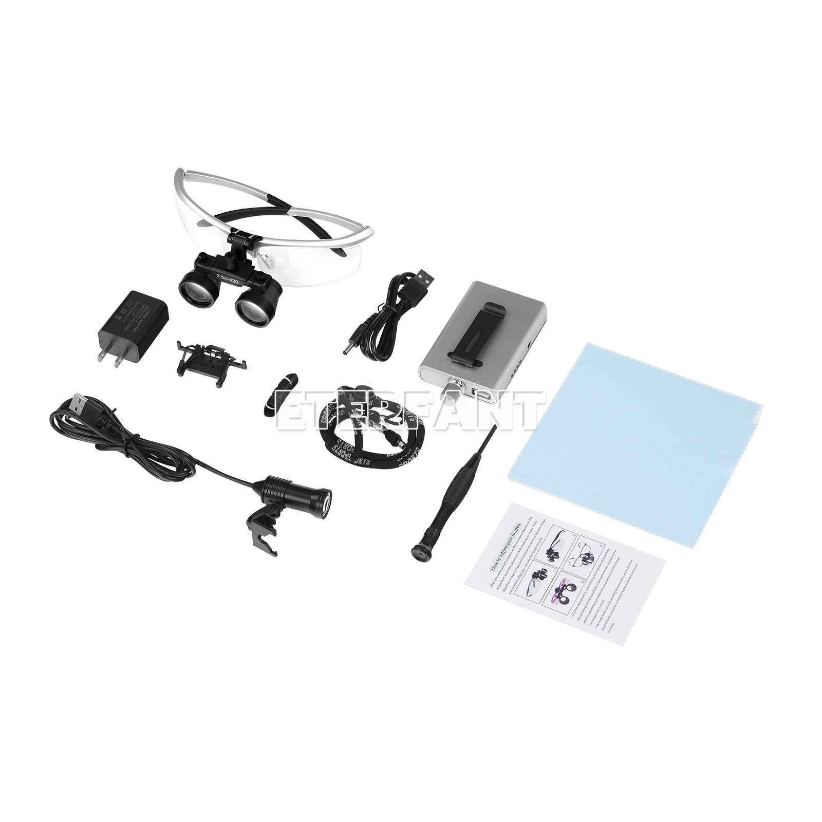 ETERFANT Dental 3.5X HD Binocular Magnifier Loupes Silver+5W LED Head Light Lamp