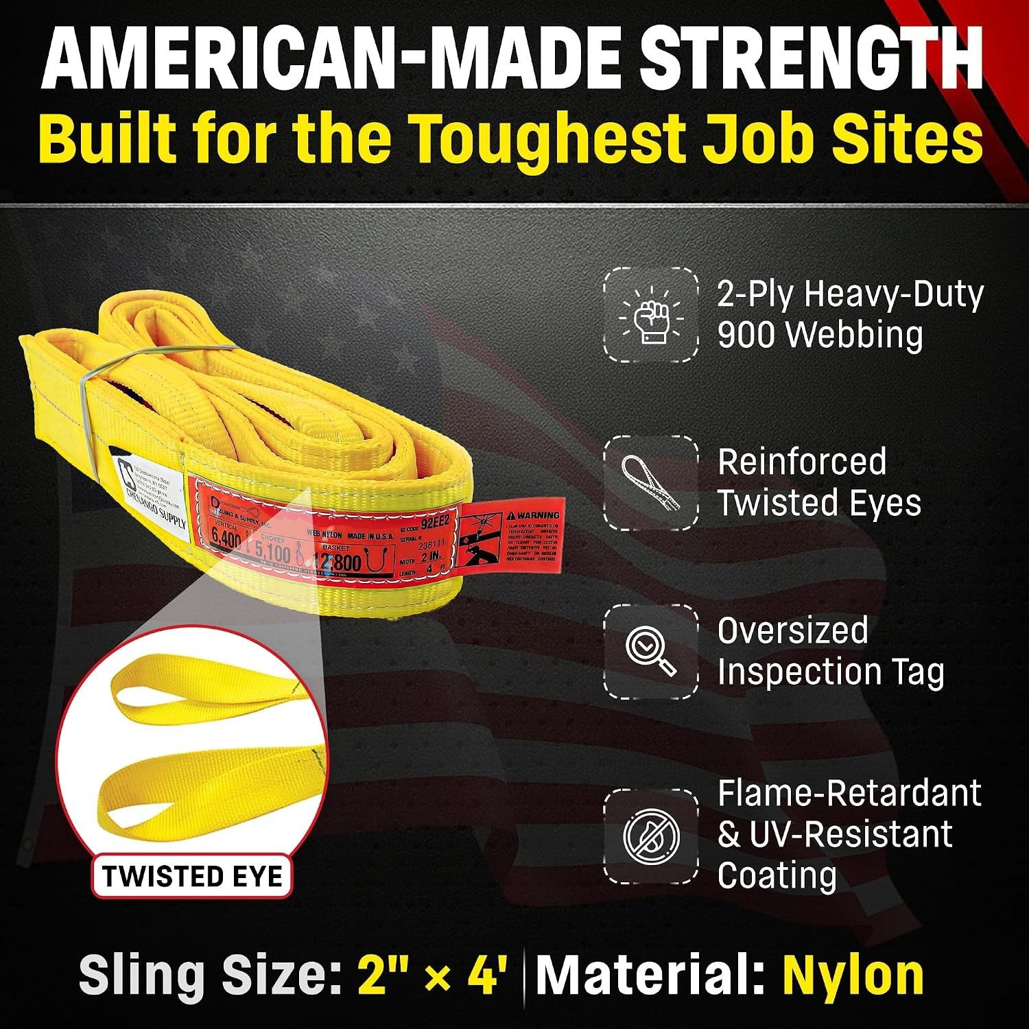 Heavy Duty 2in x 4ft Nylon Lifting Sling with 12,800 lbs Capacity, Made in USA