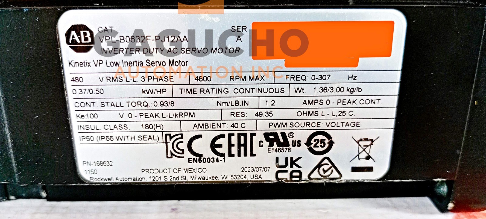 SURPLUS 2023 Allen-Bradley VPL-B0632F-PJ12AA Kinetix Low Inertia Servo 0.5HP