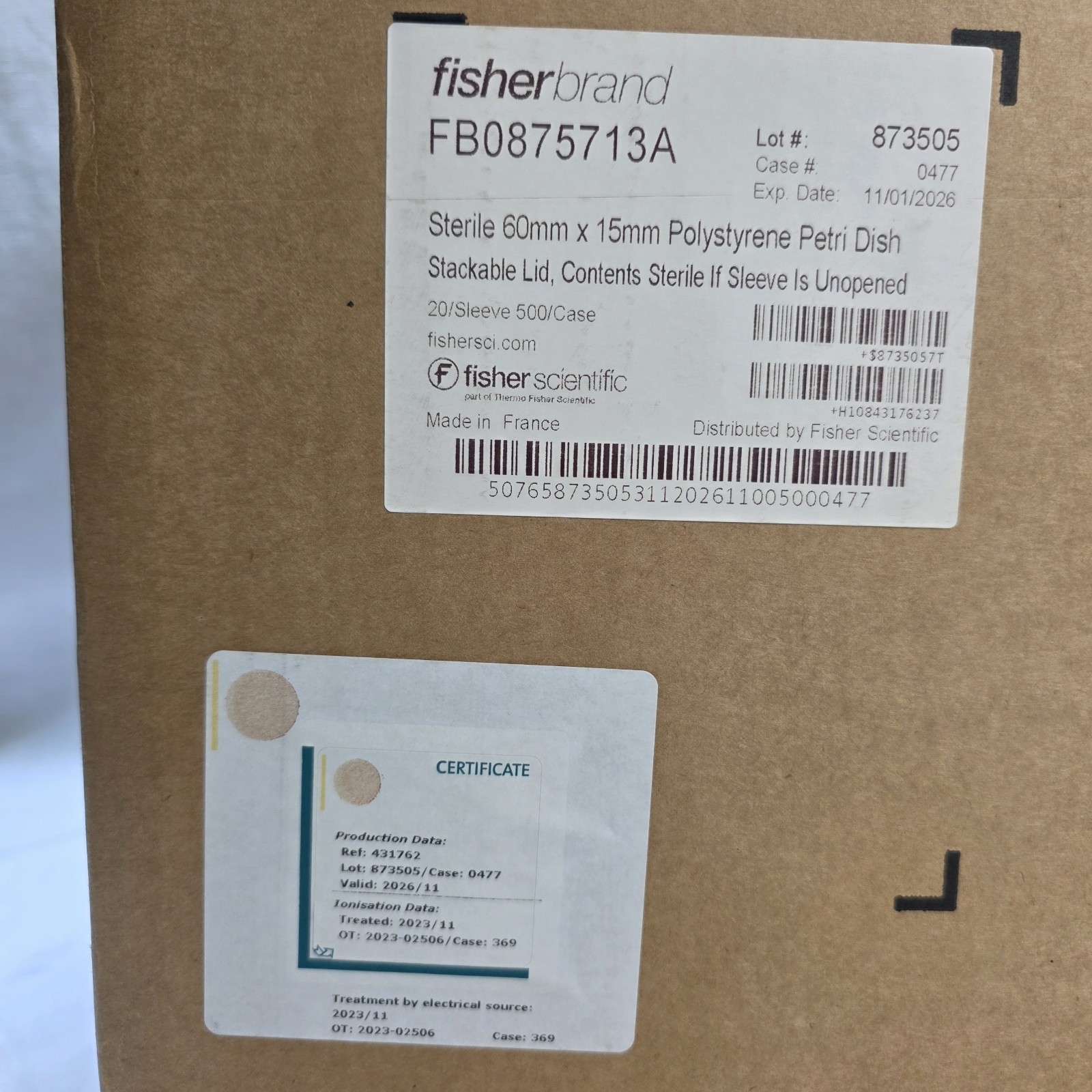 FisherBrand FB0875713A Petri Dish 60mmx15mm 20/Sleeve 500/Case EXP: 11/01/2026