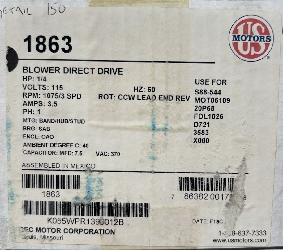 US Motors 1863 1/4HP Direct Drive Fan & Blower Motor