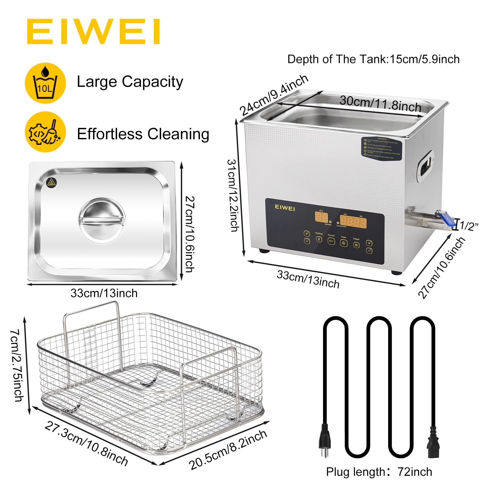 Cleaner 10L Dual Frequency Digital Stainless Steel Heater Timer Ultrasonic EIWEI
