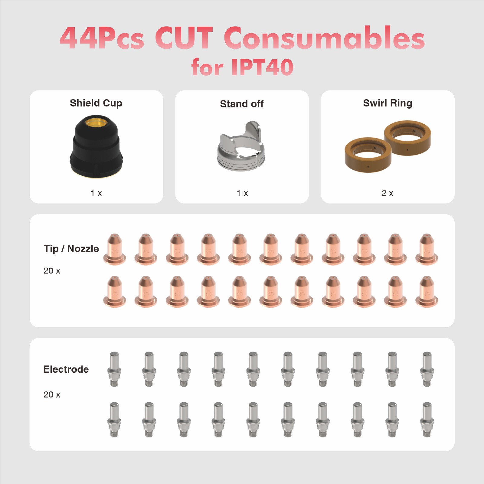 23/44pcs IPT40 Plasma Cutter Consumables for YESWELDER CUT-55DS/65DS