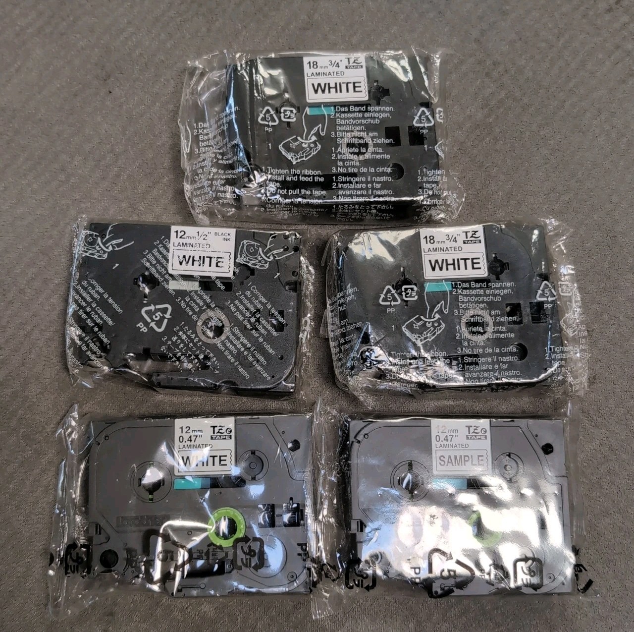 Brother P-Touch Labelmaker Tape Bundle, Tze .47″ – .75″ 12mm 18mm Lot Of 5