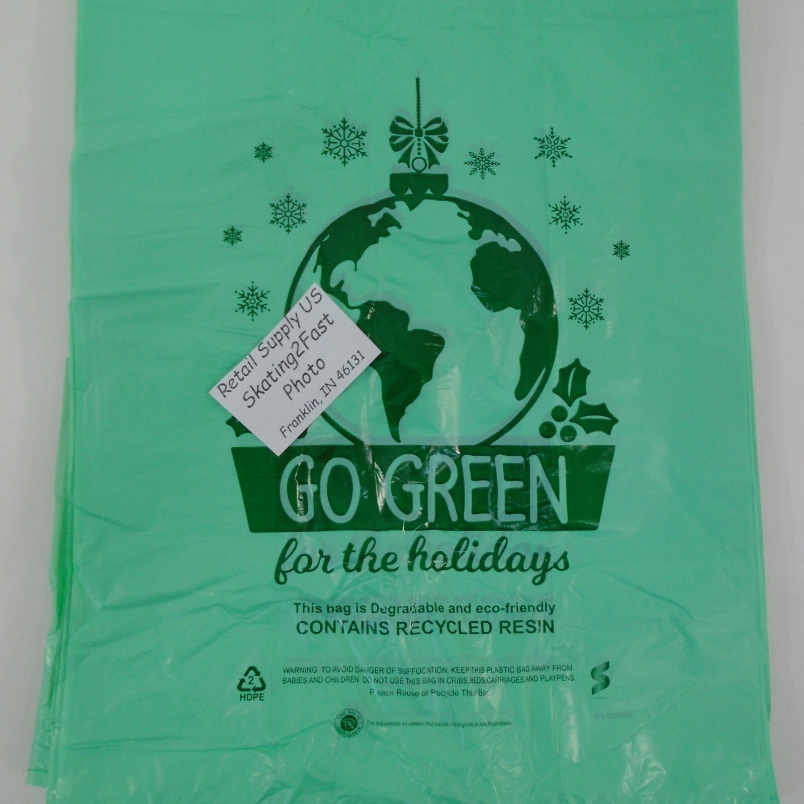 100 Qty. Go Green Holiday Degradable Plastic T-Shirt Bags Handles 11″x6″x21″