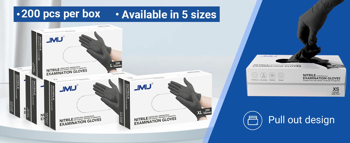 JMU Nitrile Gloves BLACK Medical Exam Gloves 3.5 Mil XS 200pcs/box