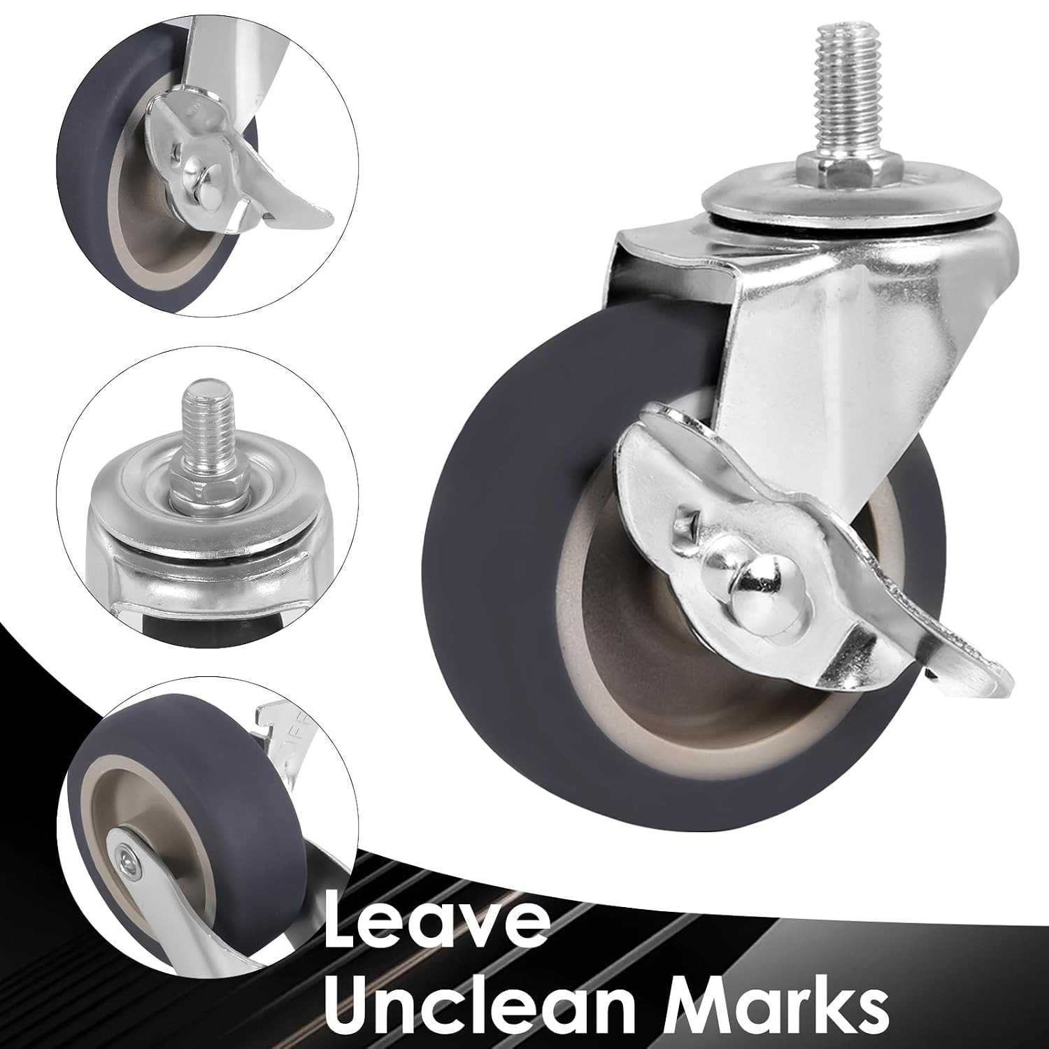 3 Inch Stem Caster Wheels Set of 4, Heavy Duty 600 Lbs Quiet Non-Marking Rubber