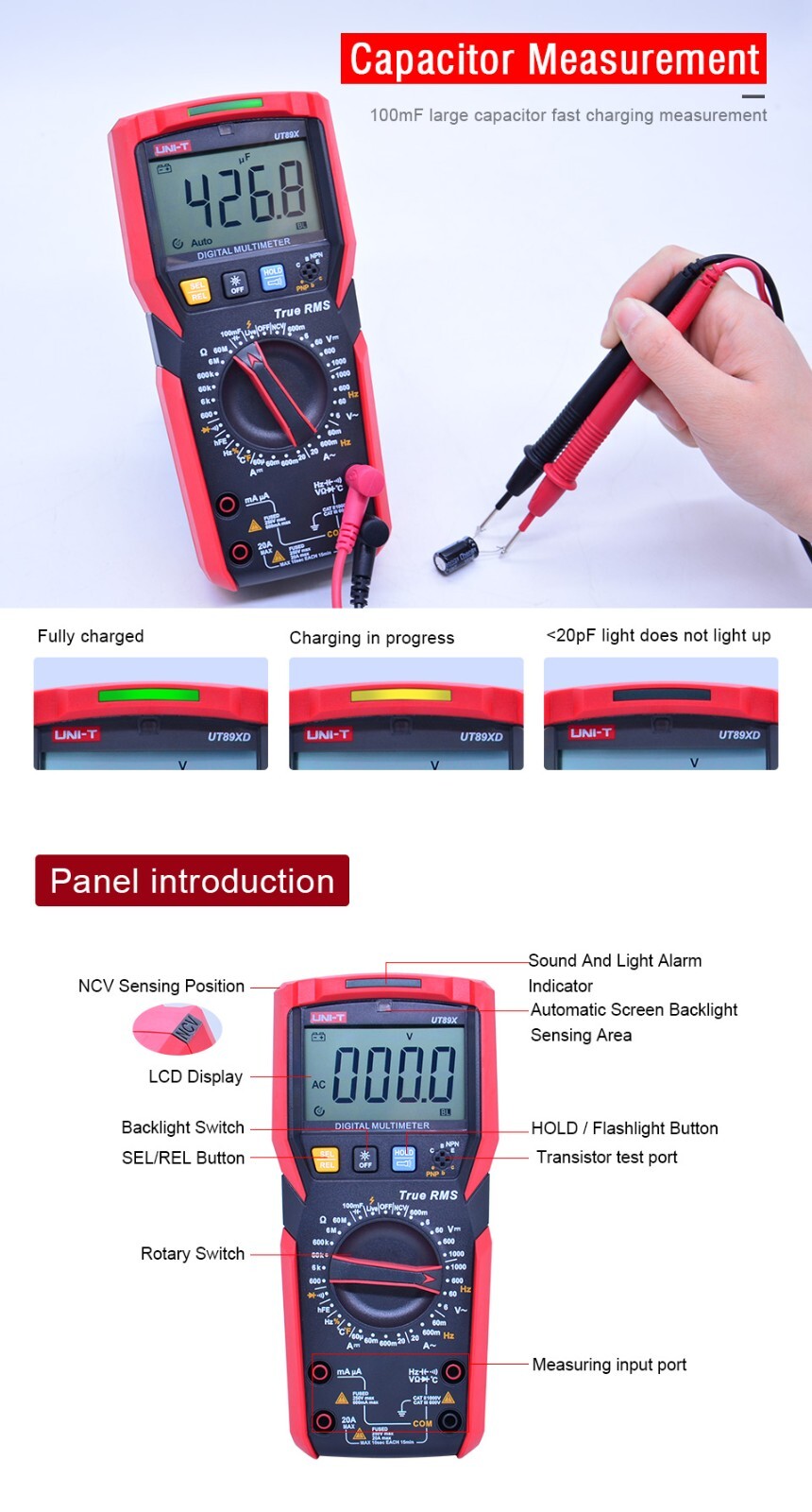 UNI-T TRMS Digital Multimeter AC DC Voltmeter Ammeter Ohmmeter Temp Cap NCV Test