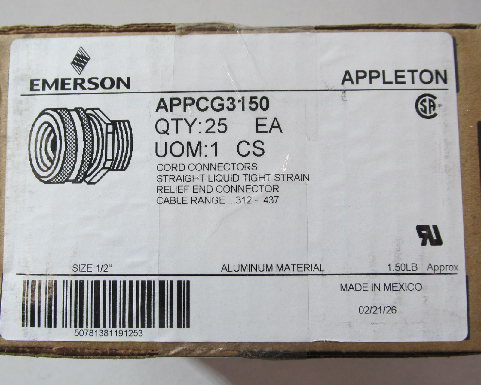 25-PACK APPLETON APP CG-3150 1/2″ ALUMINUM STRAIGHT CORD CONNECTORS .312-.437