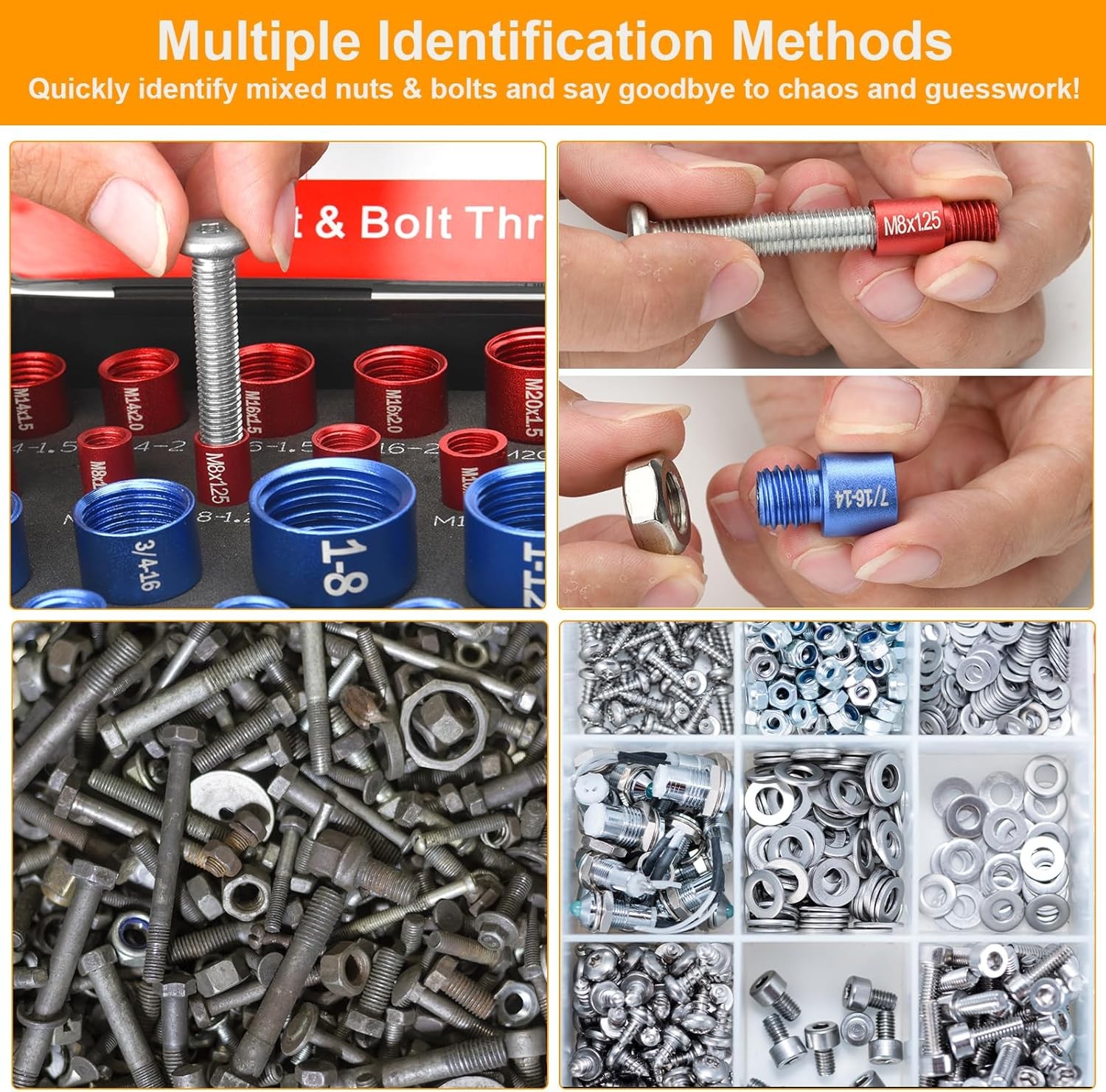 50Pcs Nut & Bolt Thread Checker Gauge 27 Standard 23 Metric Size Finder Tool Set