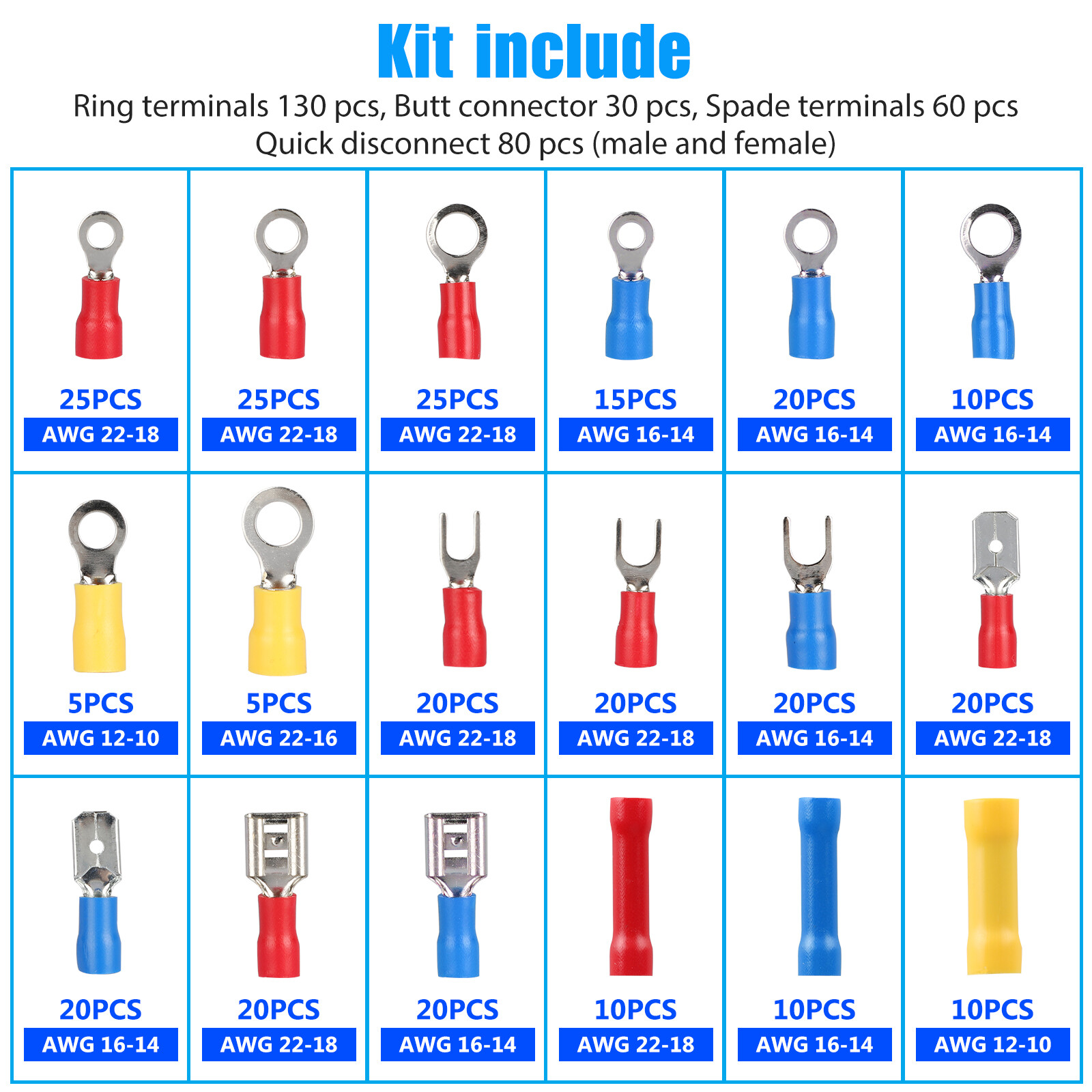 300PCS Insulated Electrical Wire Splice Terminal Spade Crimp Ring Connectors Kit
