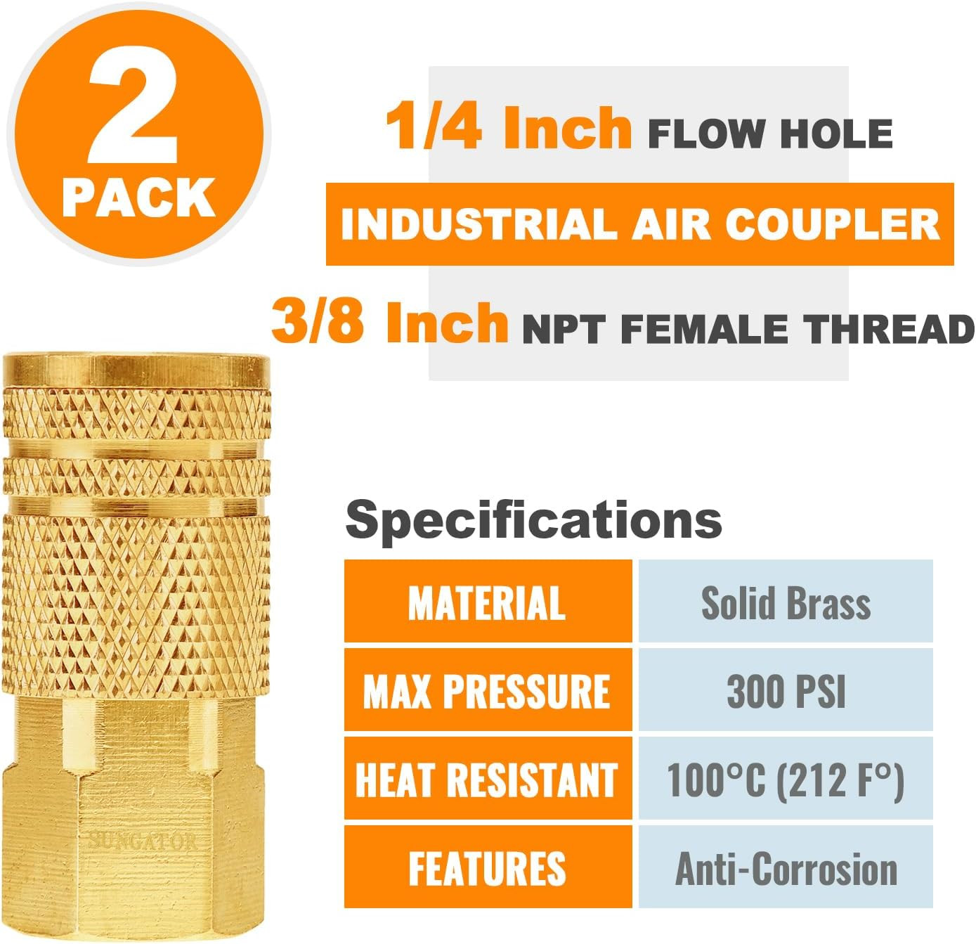 2 Pack 3/8» Female NPT Industrial Air Hose Fitting, Brass 3/8» FNPT to 1/4» F