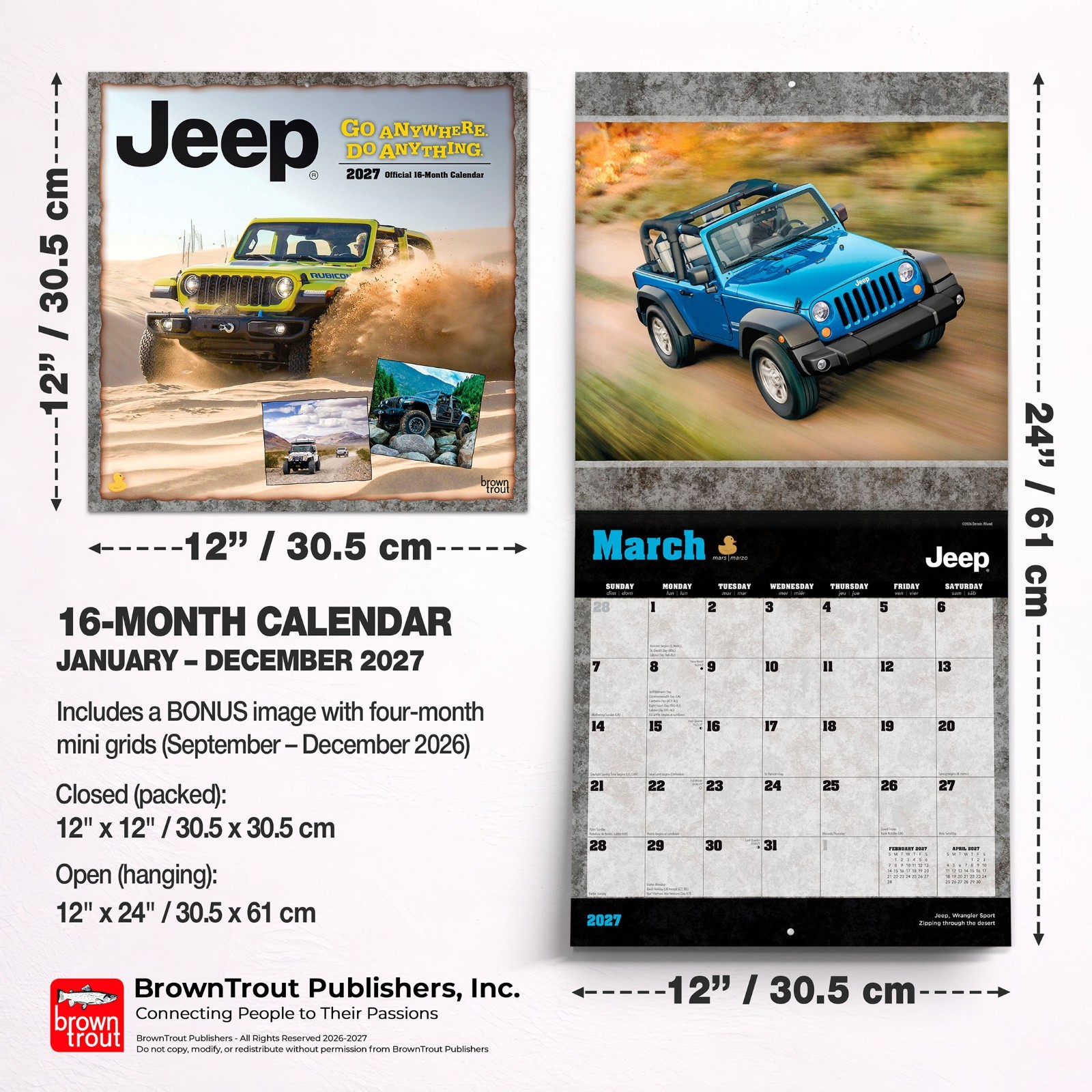 Jeep OFFICIAL | 2027 12×24″ (Hanging) Wall Calendar | Plastic-Free