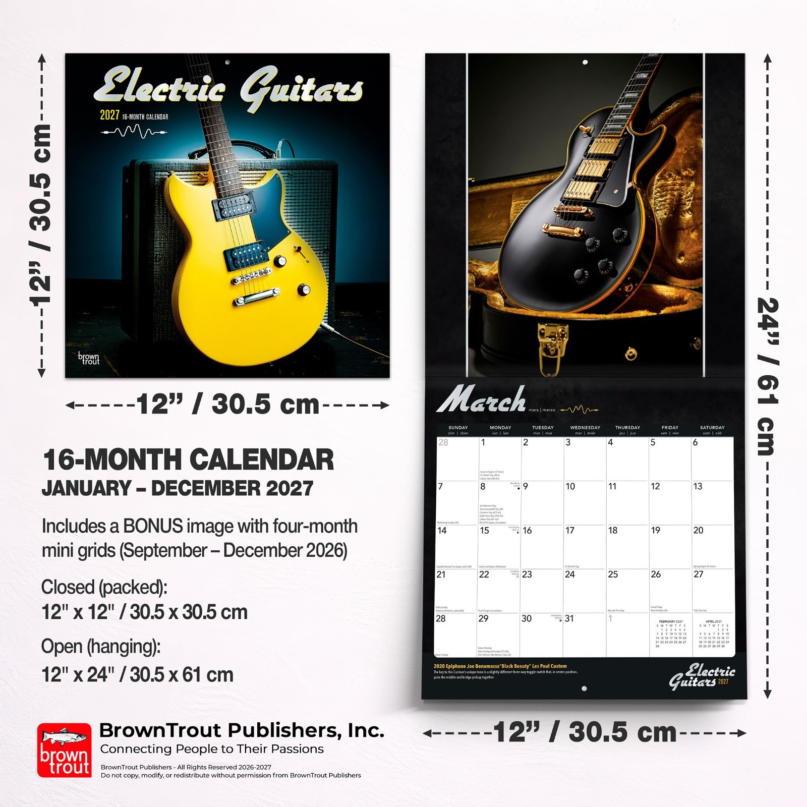 Electric Guitars | 2027 12×24″ (Hanging) Wall Calendar | Foil Stamped Cover