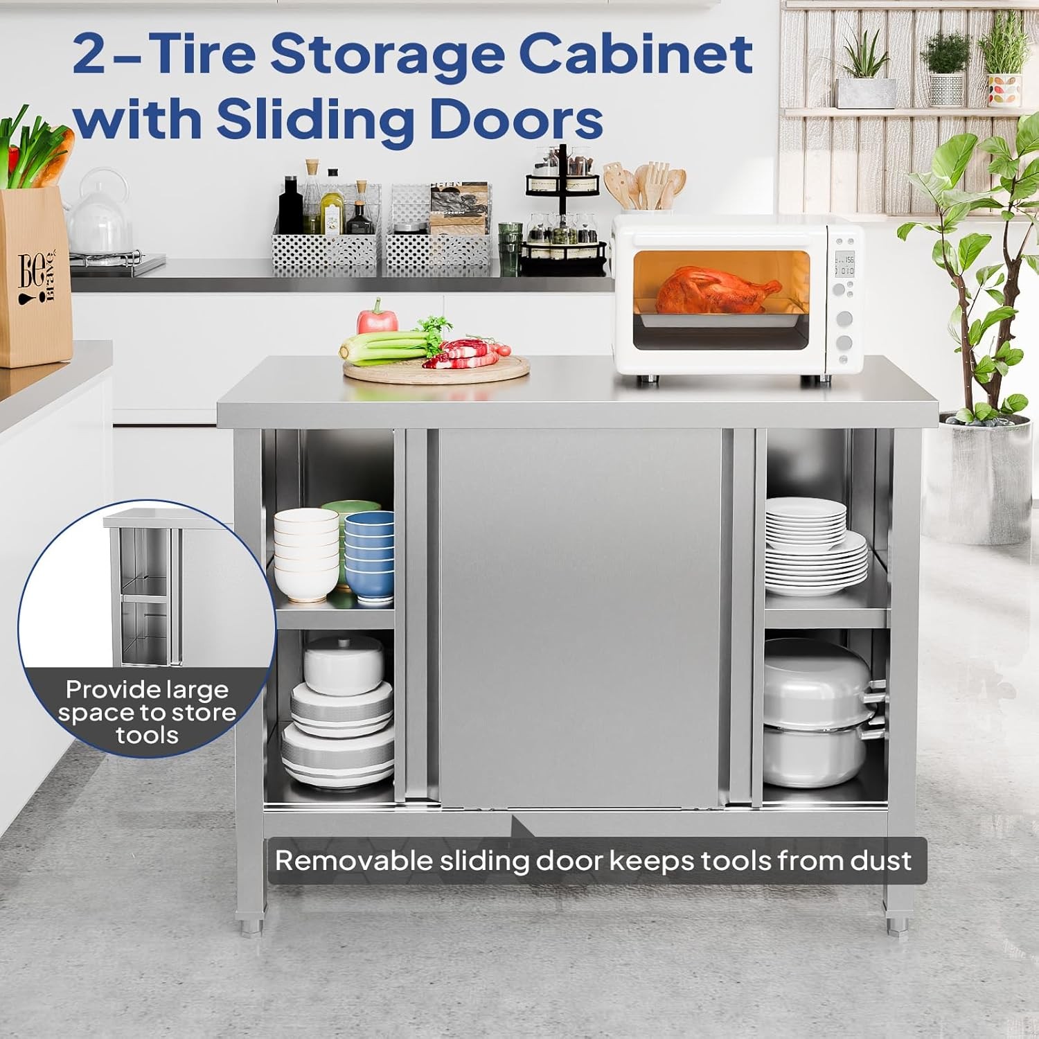 Stainless Steel Prep & Work Table with 2-Tier Cabinet & Sliding Doors for Garage