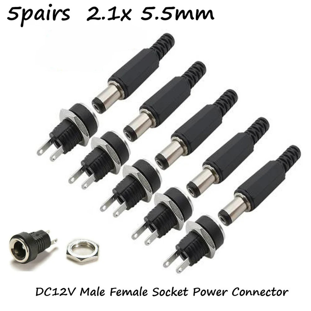 5 Pair DC 12V Male Female Socket Panel Mount Barrels Jack Plug Power Connector F
