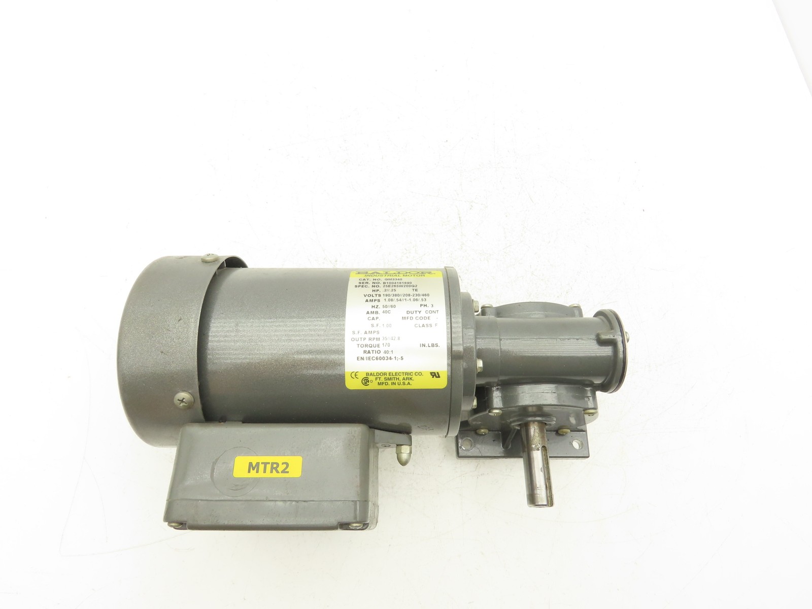Baldor GM3340 AC Gearmotor 40:1 Reducer 1/4 Hp 42RPM 208-460V 3Ph RH Output