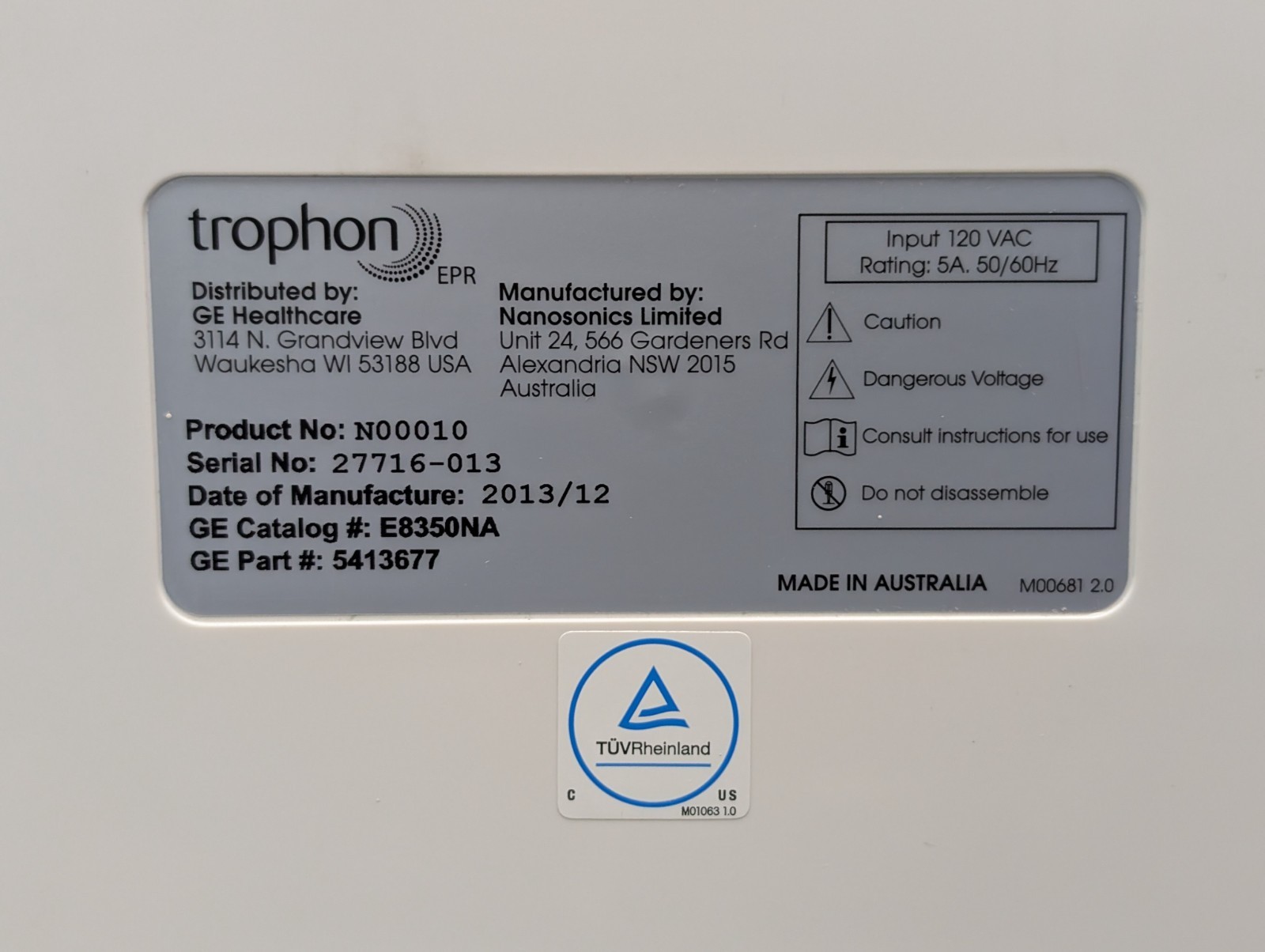 GE Healthcare/Nanosonics N00010 Trophon EPR Probe Disinfection System E8350NA