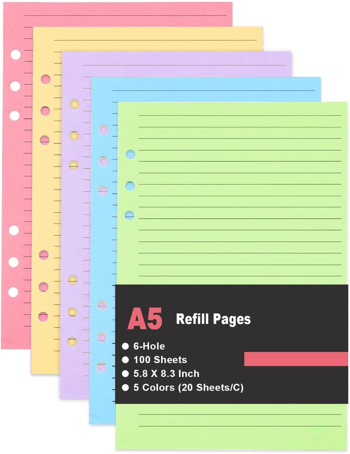A5 Filler Paper, 6 Hole Colorful Refills, Lined Paper for 6 Ring Binder, 100