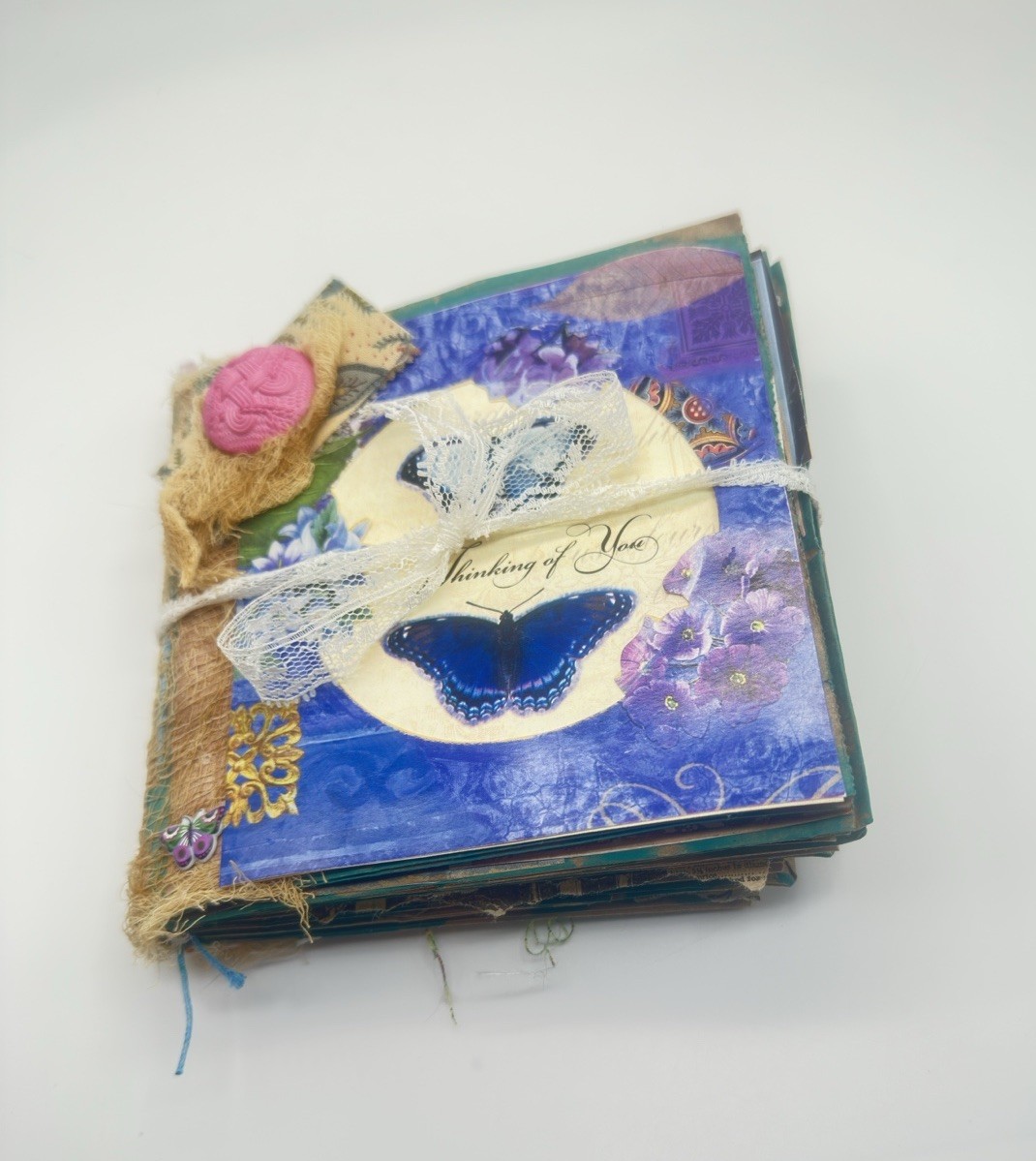 Hand Made Junk Journal 6×5 Thinking Of You Themed Medium Is Brown Paper Bags