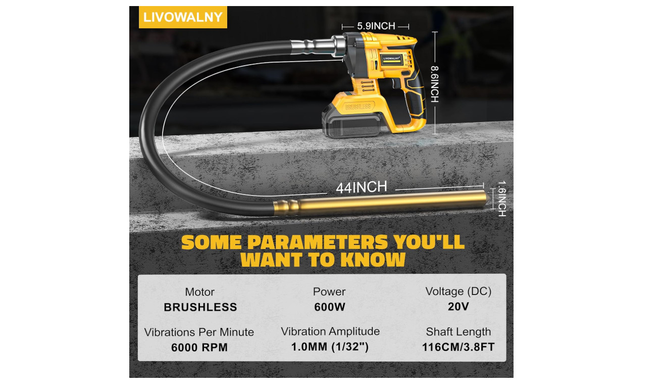 Handheld Concrete Vibrating Tool Compatible with Dewalt 20V Battery, 600W Cordle