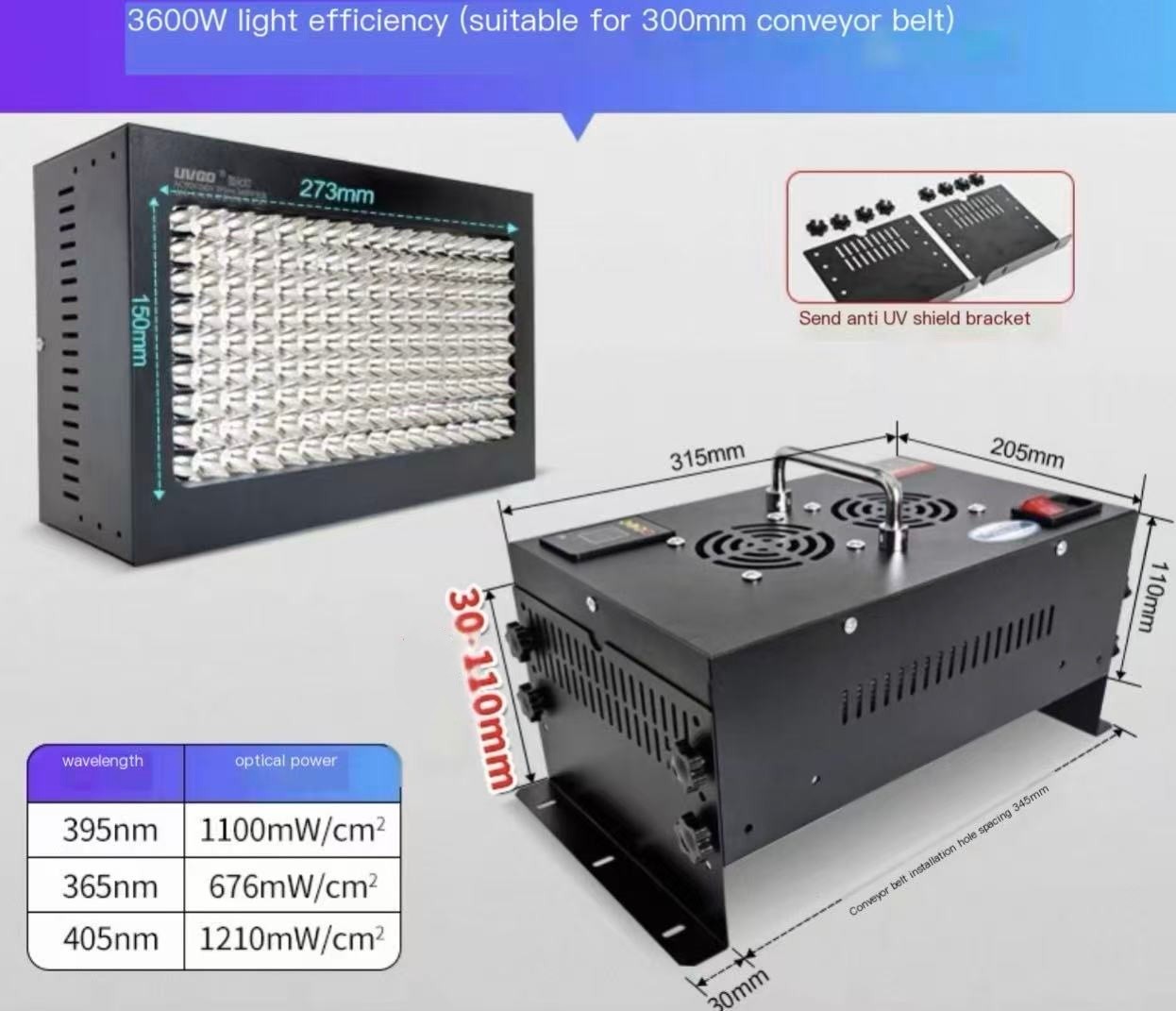 Conveyor Belt Dedicated UV Curing Lamp Light Belt Timing Function PLC Control