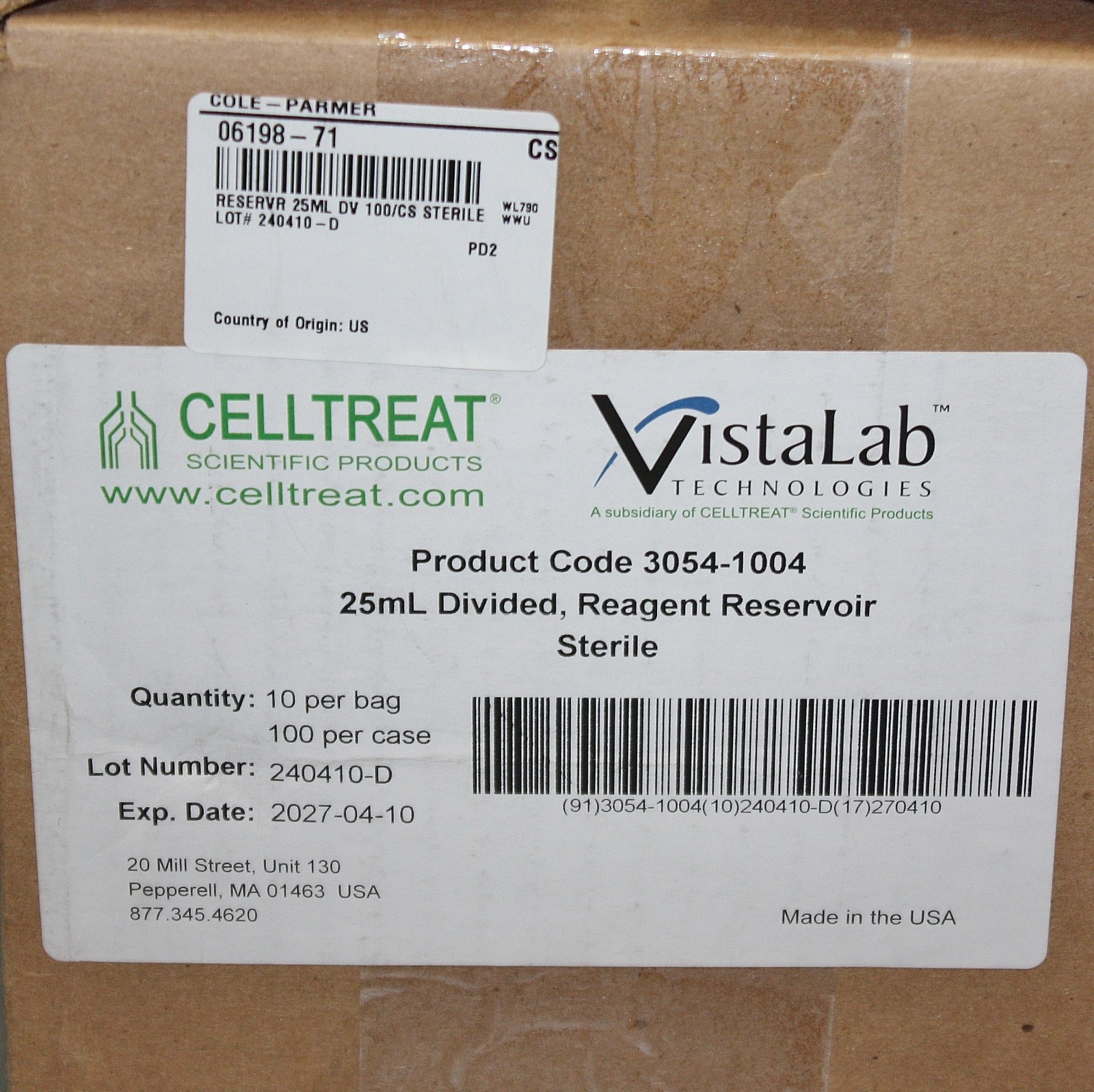 EXPIRES 04/2027 – (100) Celltreat Reagant Reservoir 3054-1004, 25mL, Sterile