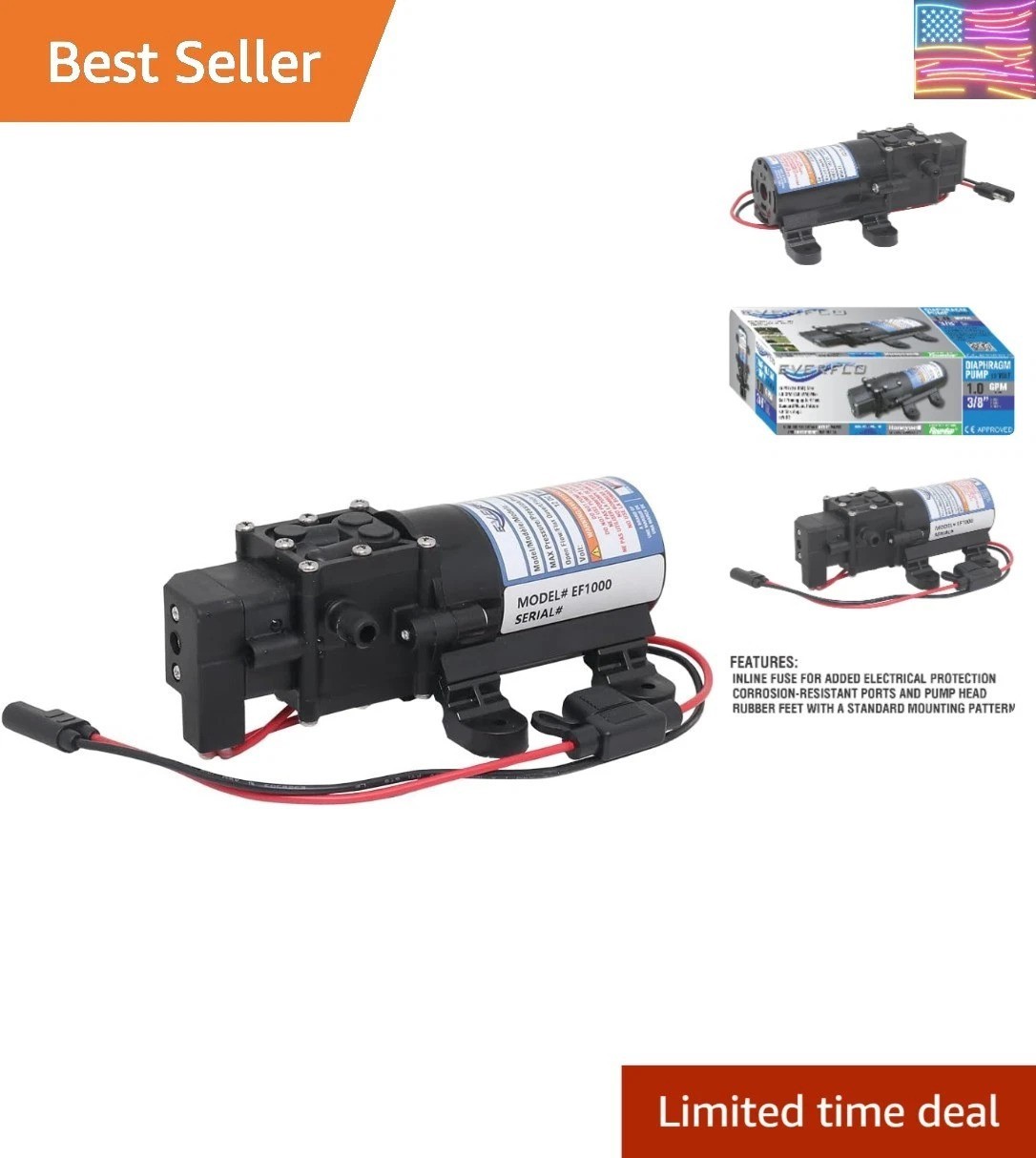 EF1000-BOX 12V Diaphragm Pump with 3/8″ Hose Barb Ports, 1.0 Gpm.