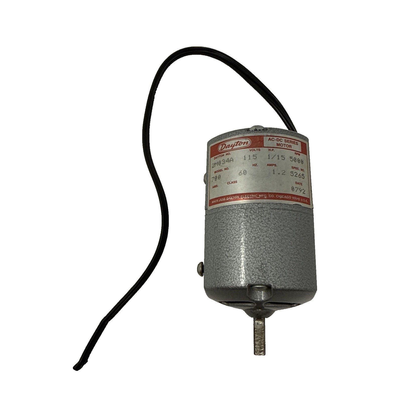 DAYTON AC-DC SERIES MOTOR 2M034A 1/15HP 5000RPM 115v 60 HZ