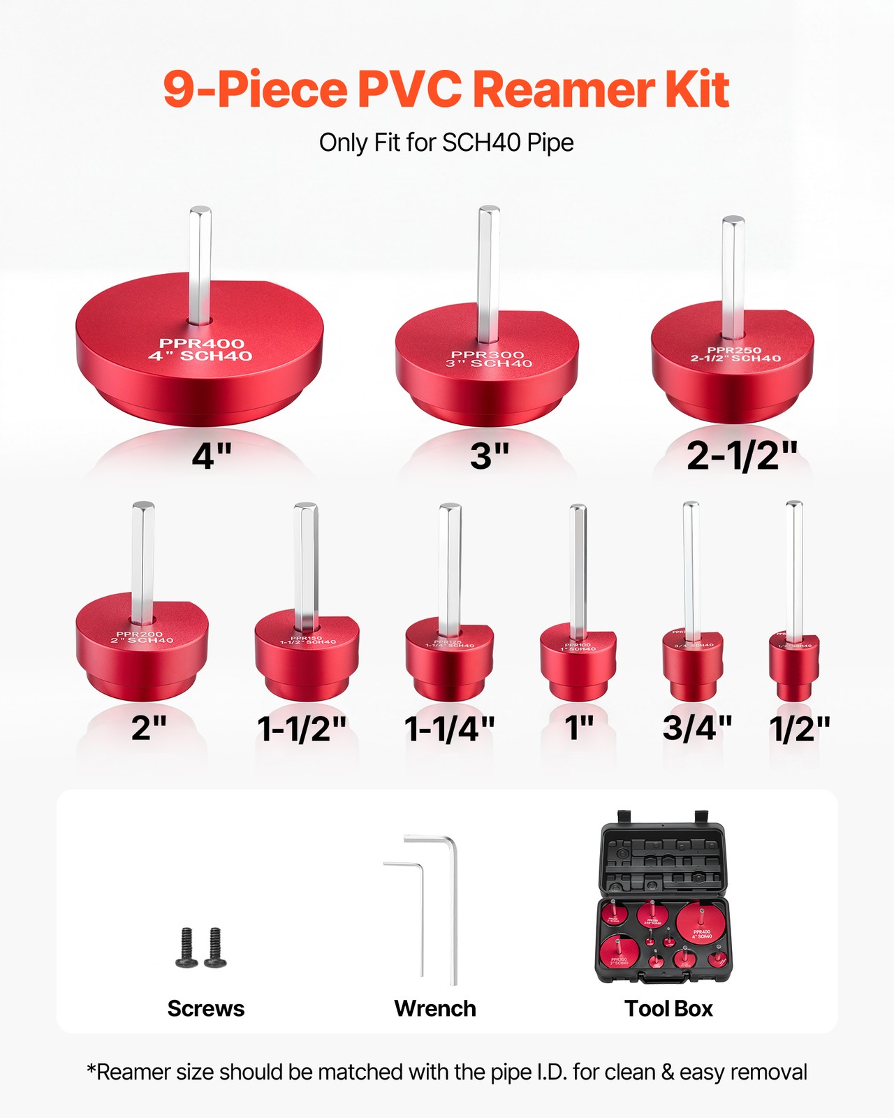 VEVOR PVC Pipe Reamer Kit PVC Fitting Socket Saver 9-Piece for SCH40 ABS Pipes