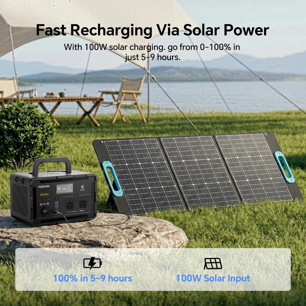 POERUNI 600W 519Wh Portable Power Station Solar Charger Generator for Back Up